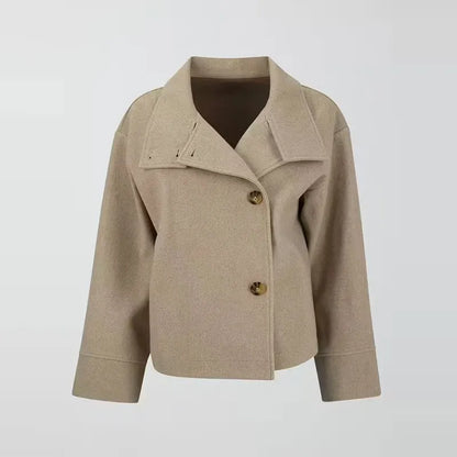 Elegant Wool Jacket for Women with Funnel Neck Long Sleeve Oversized Cropped Casual Style
