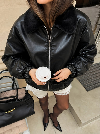 Stylish Black Faux Leather Bomber Jacket for Women with Faux Fur Collar Zip Front Ribbed Trim Moto Style