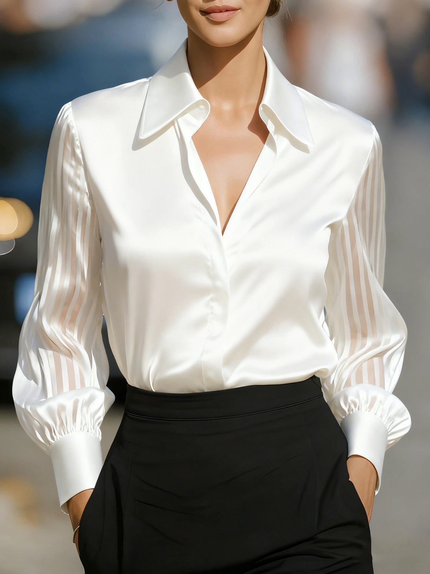 Elegant Satin Blouse for Women with Collared Button Up Sheer Stripe Sleeve Business Casual Style