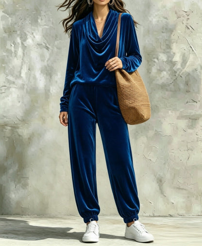 Comfortable Velvet Lounge Set for Women with Cowl Neck Long Sleeve Cuffed Jogger Style