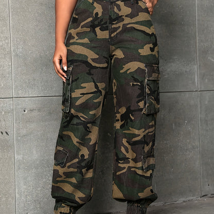 Effortless Military Green Camo Pants for Women with High Waist Cargo Pocket Relaxed Jogger Style