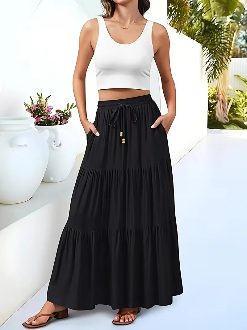 Effortless Tiered Maxi Skirt for Women with Drawstring Waist Ruffle Flowing Bohemian Style