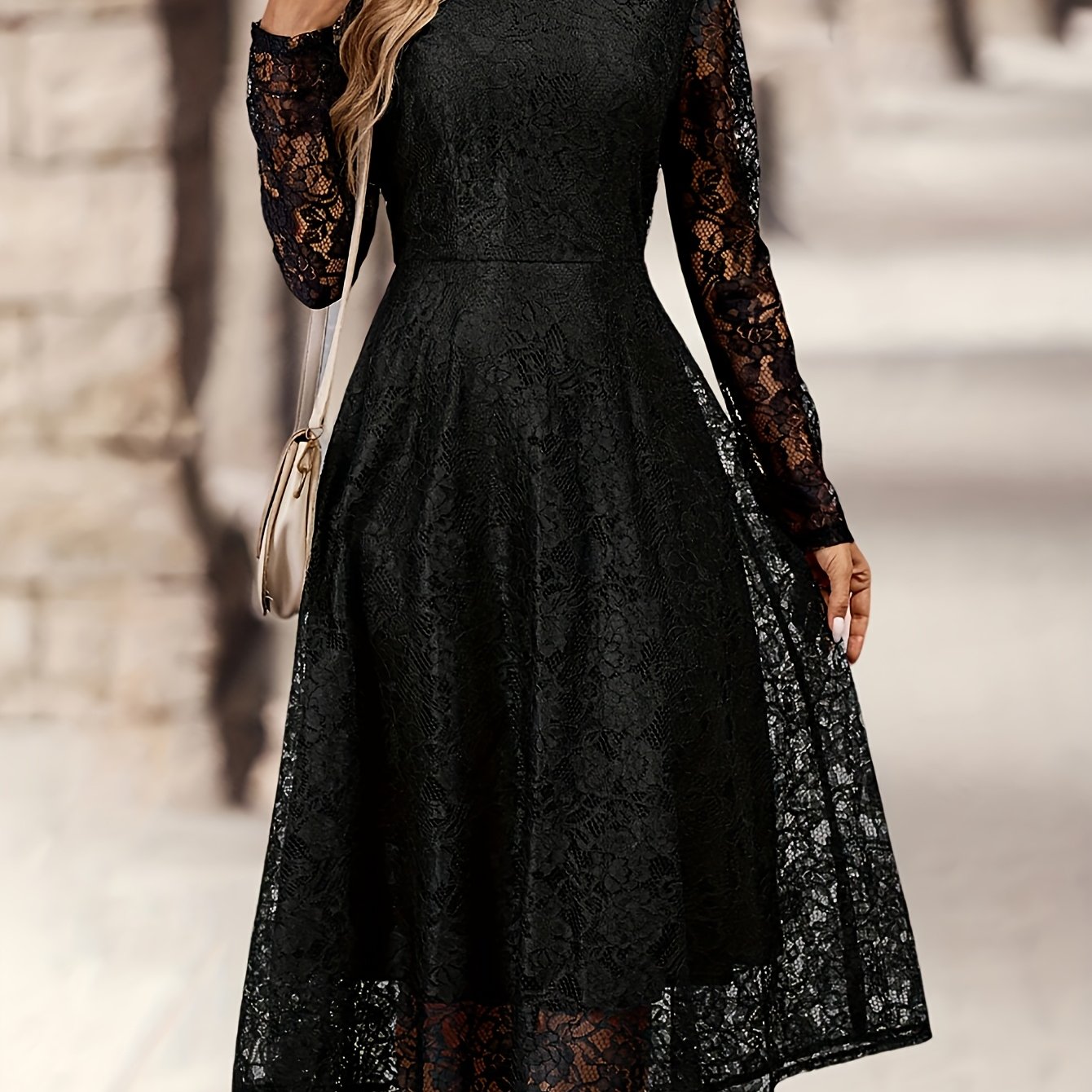 Elegant Black Lace Long Sleeve Wedding Dress for Women with Round Neck Fit And Flare Flowing Style