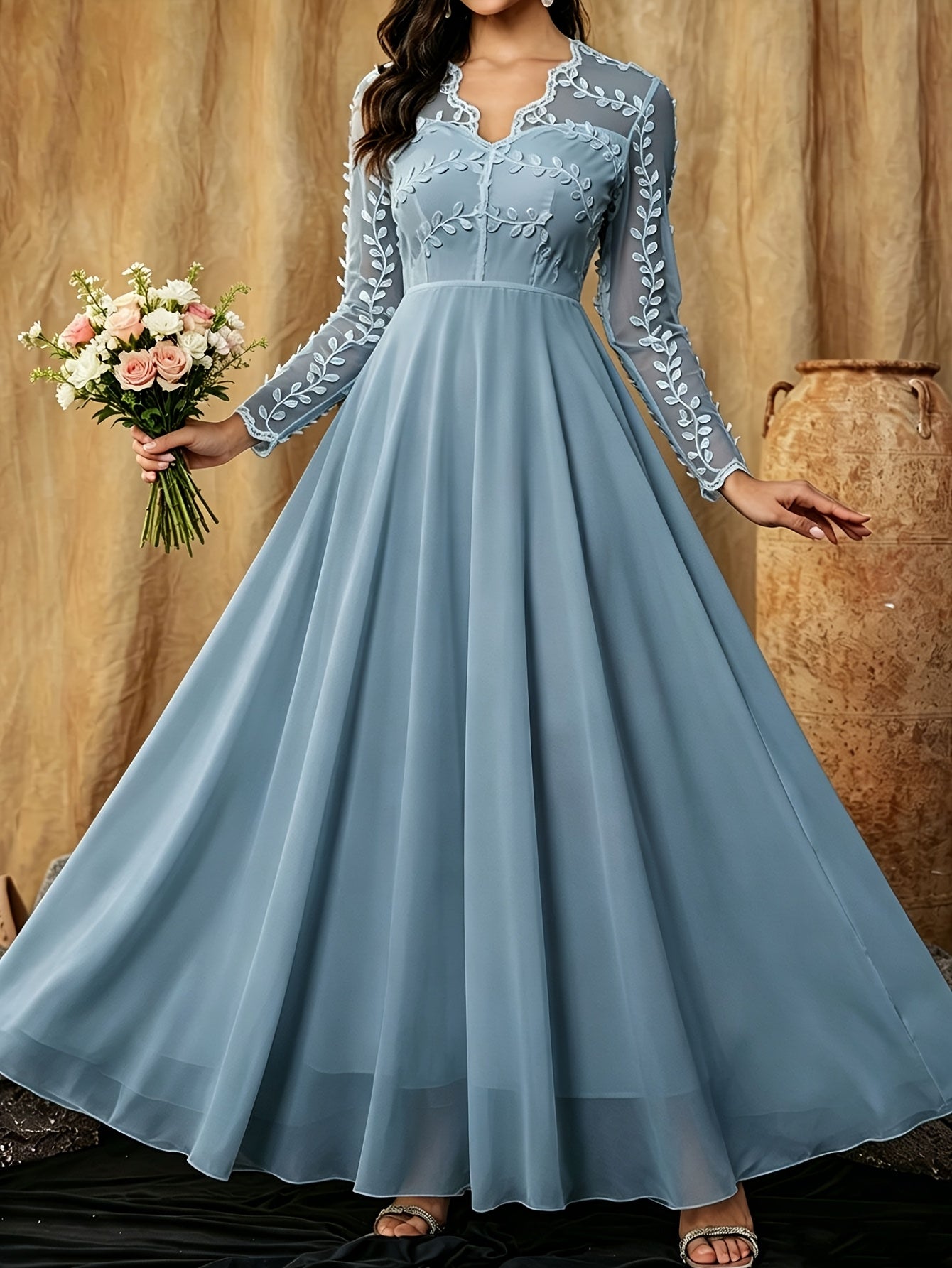 Elegant White Lace Wedding Gown for Women with V Neck Long Sleeve Sheer Applique Flowing Style