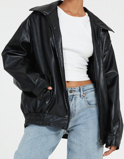 Effortless Faux Leather Jacket for Women with Collared Long Sleeve Oversized Relaxed Style