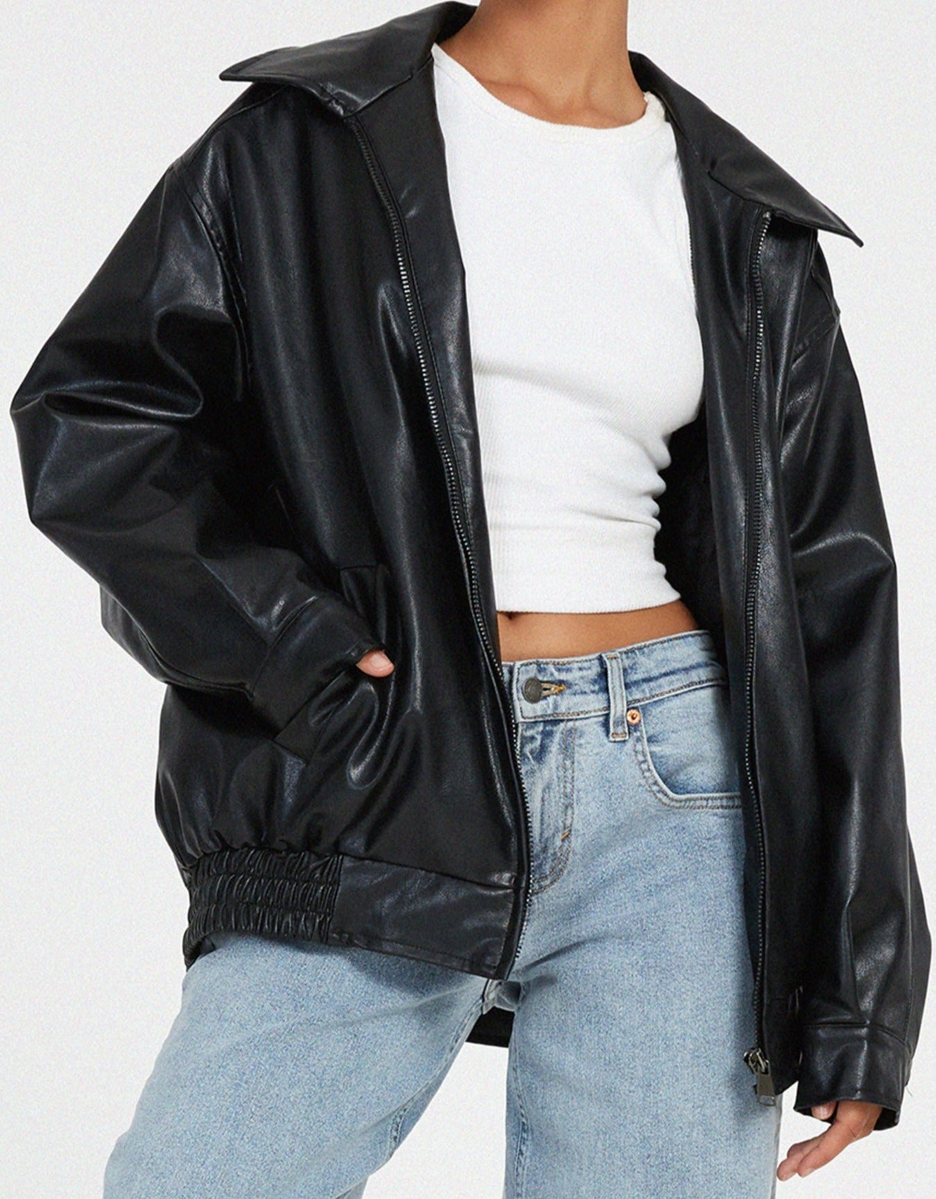 Effortless Brown Oversized Faux Leather Jacket for Women with Spread Collar Zip Front Relaxed Casual Style