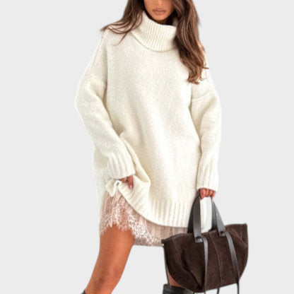 Comfortable Oversized Sweater Dress for Women with Turtleneck Long Sleeve Lace Hem Knit Style