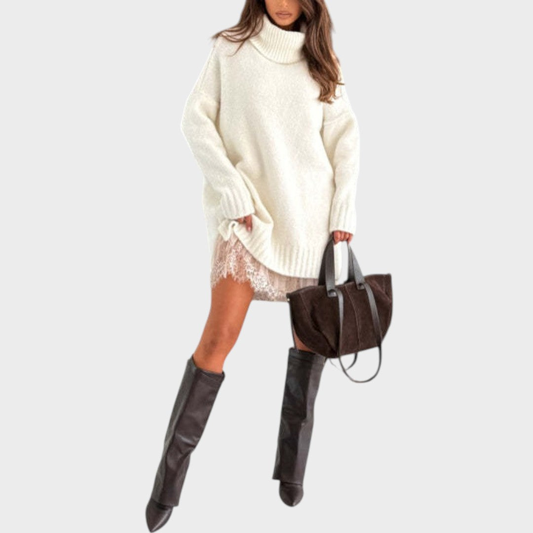 Comfortable Oversized Sweater Dress for Women with Turtleneck Long Sleeve Lace Hem Knit Style