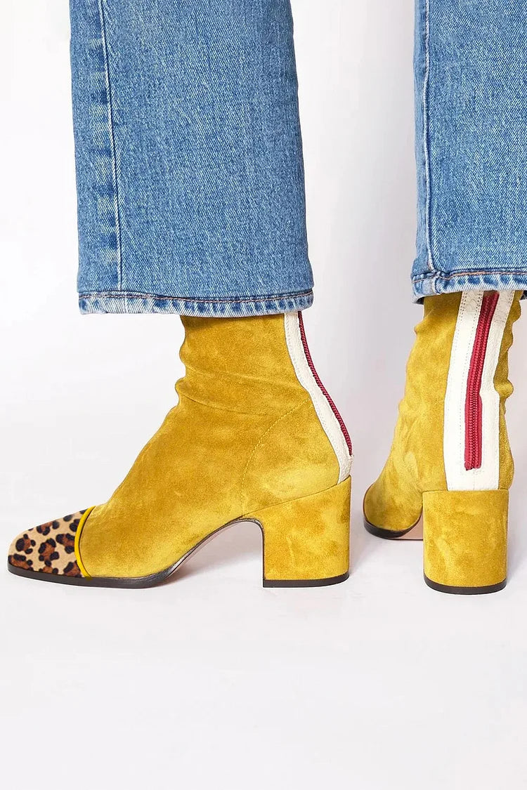 Stylish Yellow Suede Ankle Boots for Women with Leopard Print Mid Heel Sporty Style