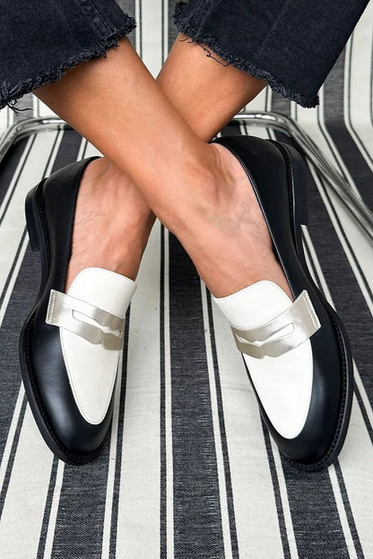Cora | Stylish Black and White Penny Loafers for Women in Flat Style