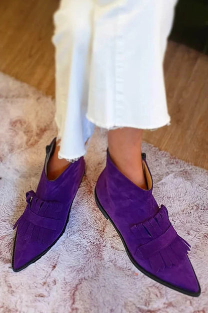 Chic Purple Suede Ankle Boots for Women with Pointed Toe Fringe Trim Western Style