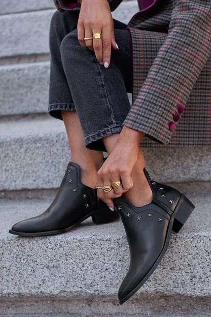 Elegant Black Leather Ankle Boots for Women with Pointed Toe Star Studded Western Style