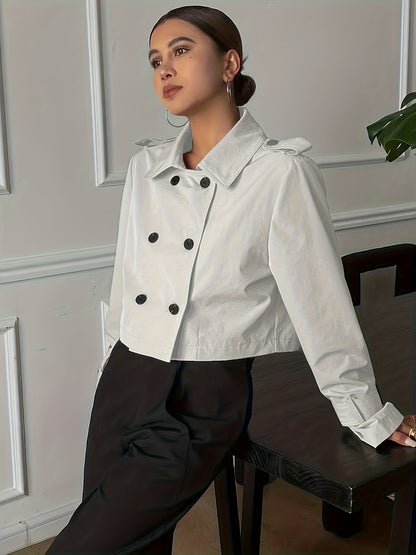 Elegant Khaki Pea Coat for Women with Notch Lapel Long Sleeve Double Breasted Cropped Style