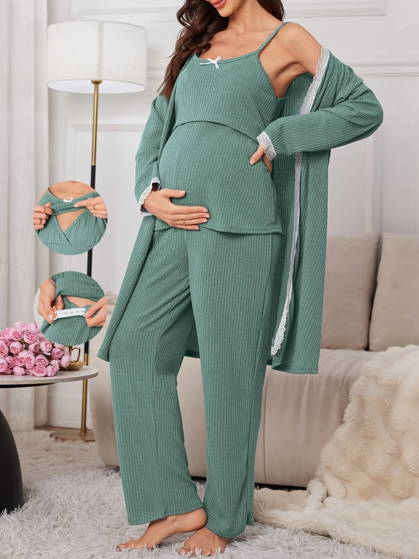 Comfortable Maternity Ribbed Knit Three Piece Set for Women with Lace Trim Nursing Cami Robe Pant Style