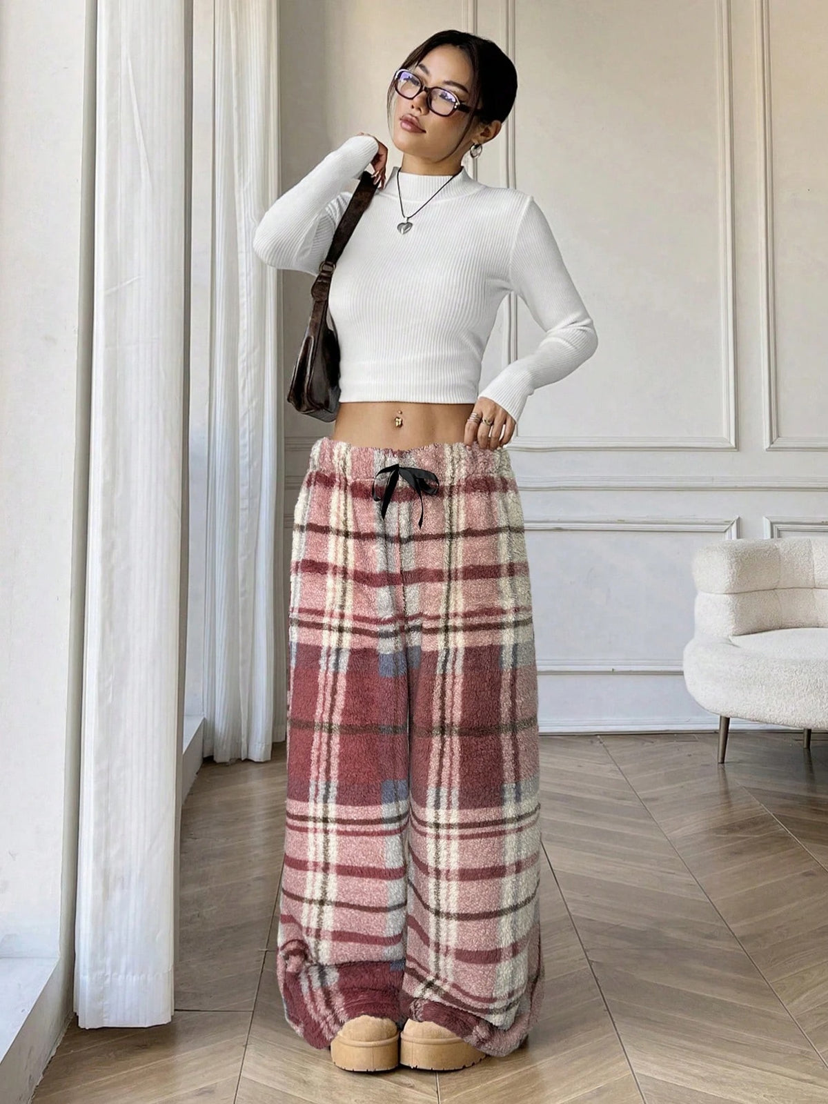 Cozy Plaid Wide Leg Sweatpants for Women with Drawstring Waist Plush Fleece Lounge Style