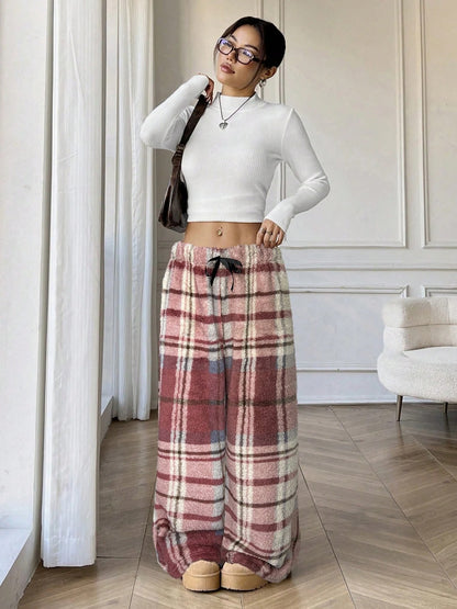 Cozy Plaid Wide Leg Sweatpants for Women with Drawstring Waist Plush Fleece Lounge Style