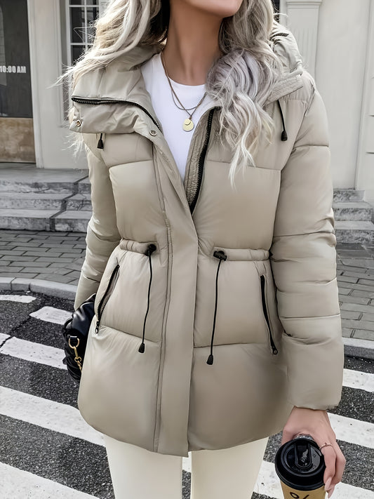 Cozy Quilted Ski Jacket for Women with Hooded Long Sleeve Drawstring Waist Zip Pocket Style