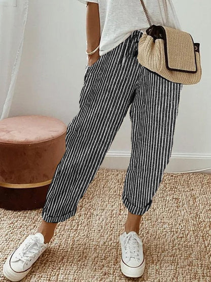 Effortless Linen Tapered Pants for Women with High Waist Drawstring Relaxed Cuffed Hem Casual Style