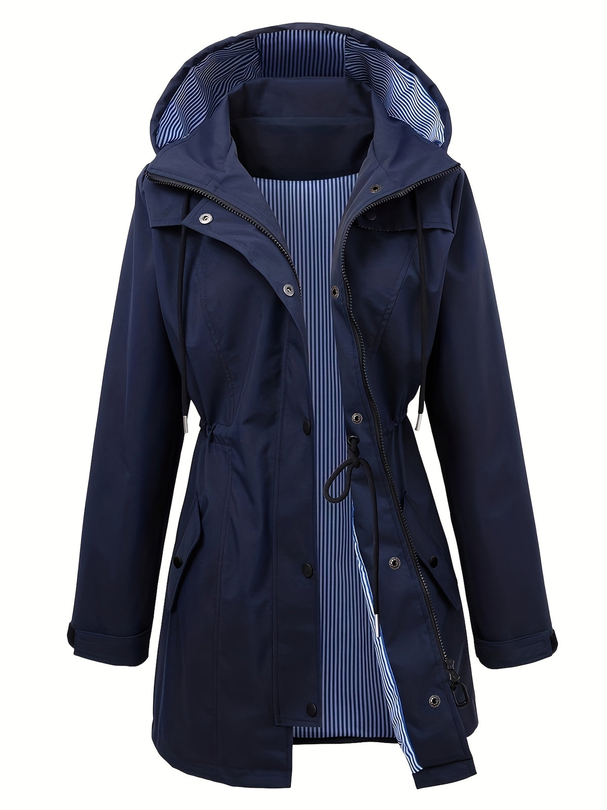 Chic Hooded Rainwear Jacket for Women with Drawstring Waist Zip Front Longline Windbreaker Outdoor Style