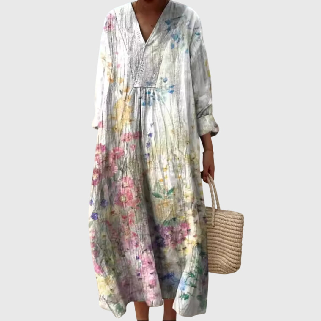 Effortless Printed Linen Maxi Dress for Women with V Neck Long Sleeve Relaxed Oversized Flowing Style