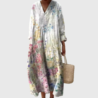 Effortless Printed Linen Maxi Dress for Women with V Neck Long Sleeve Relaxed Oversized Flowing Style