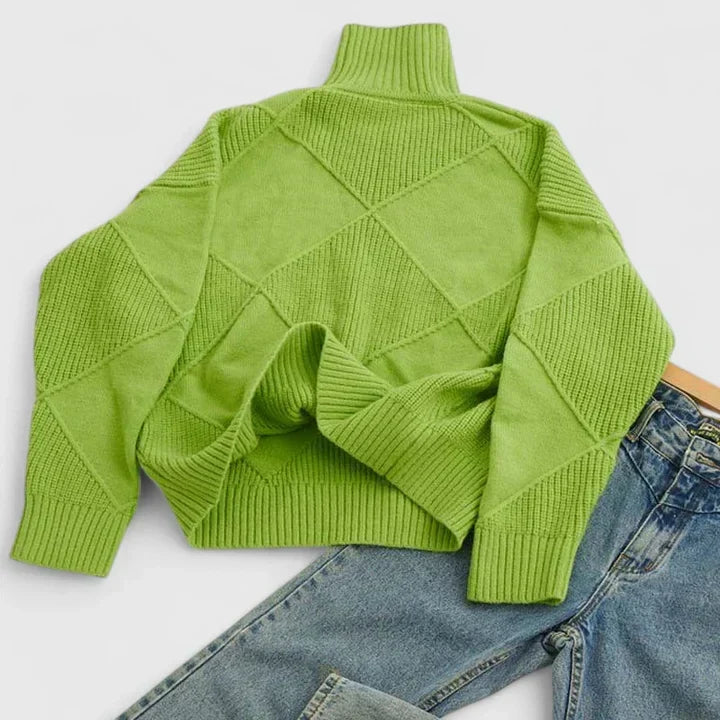 Comfortable Diamond Quilted Sweatshirt for Women with Turtleneck Long Sleeve Relaxed Oversized Knit Style