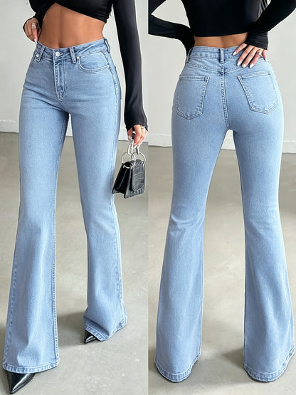 Effortless Light Blue Flare Jeans for Women with High Waist Button Front Relaxed Casual Style