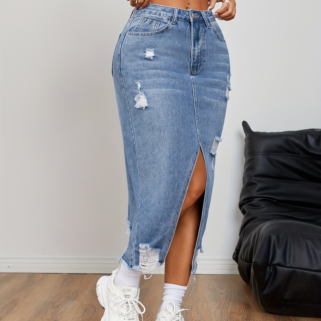 Stylish Blue Denim Jean Skirt for Women with High Waist Ripped Side Slit A Line Midi Casual Style