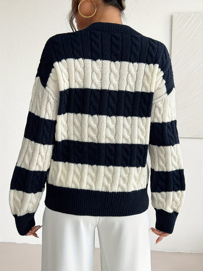 Comfortable Navy Cable Knit Sweater for Women with V Neck Long Sleeve Striped Oversized Relaxed Style