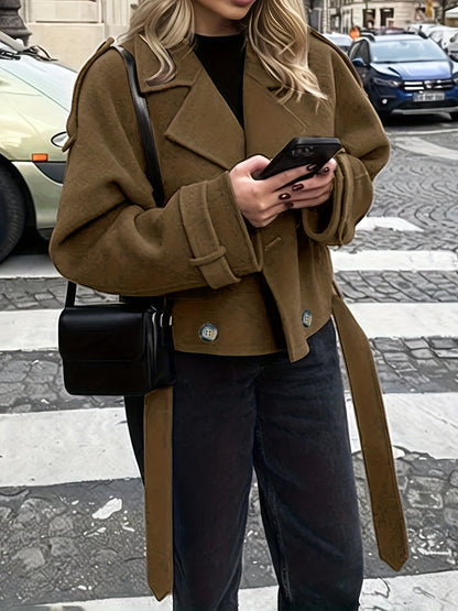 Elegant Coffee Brown Pea Coat for Women with Notch Lapel Long Sleeve Belted Oversized Style