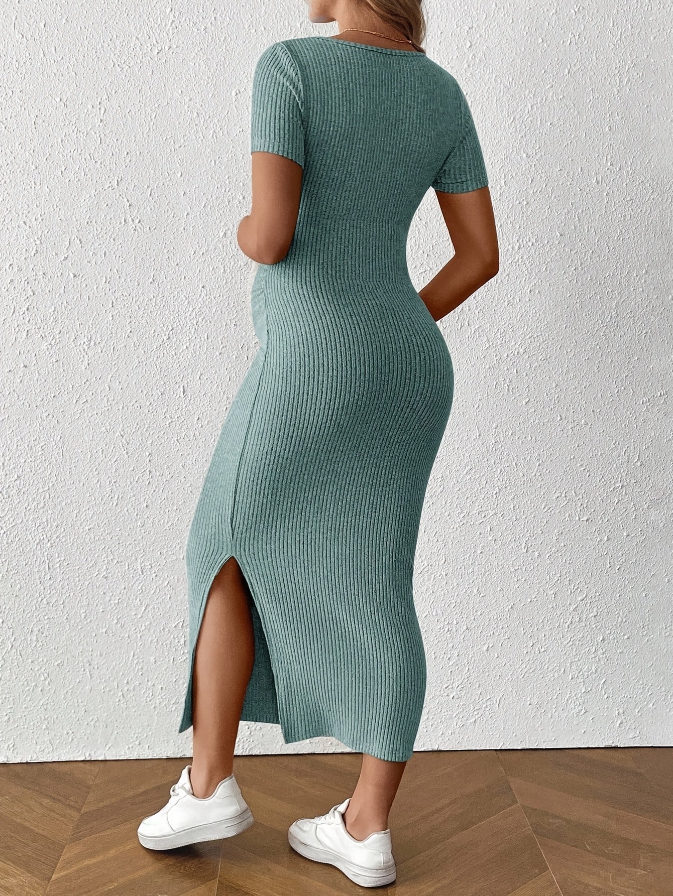 Comfortable Ribbed Knit Maternity Maxi Dress for Women with Square Neck Short Sleeve Bodycon Side Slit Style