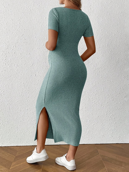 Comfortable Ribbed Knit Maternity Maxi Dress for Women with Square Neck Short Sleeve Bodycon Side Slit Style
