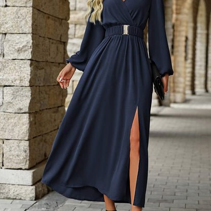 Elegant Navy Wrap Dress for Women with V Neck Long Sleeve Belted High Slit Formal Wedding Guest Style