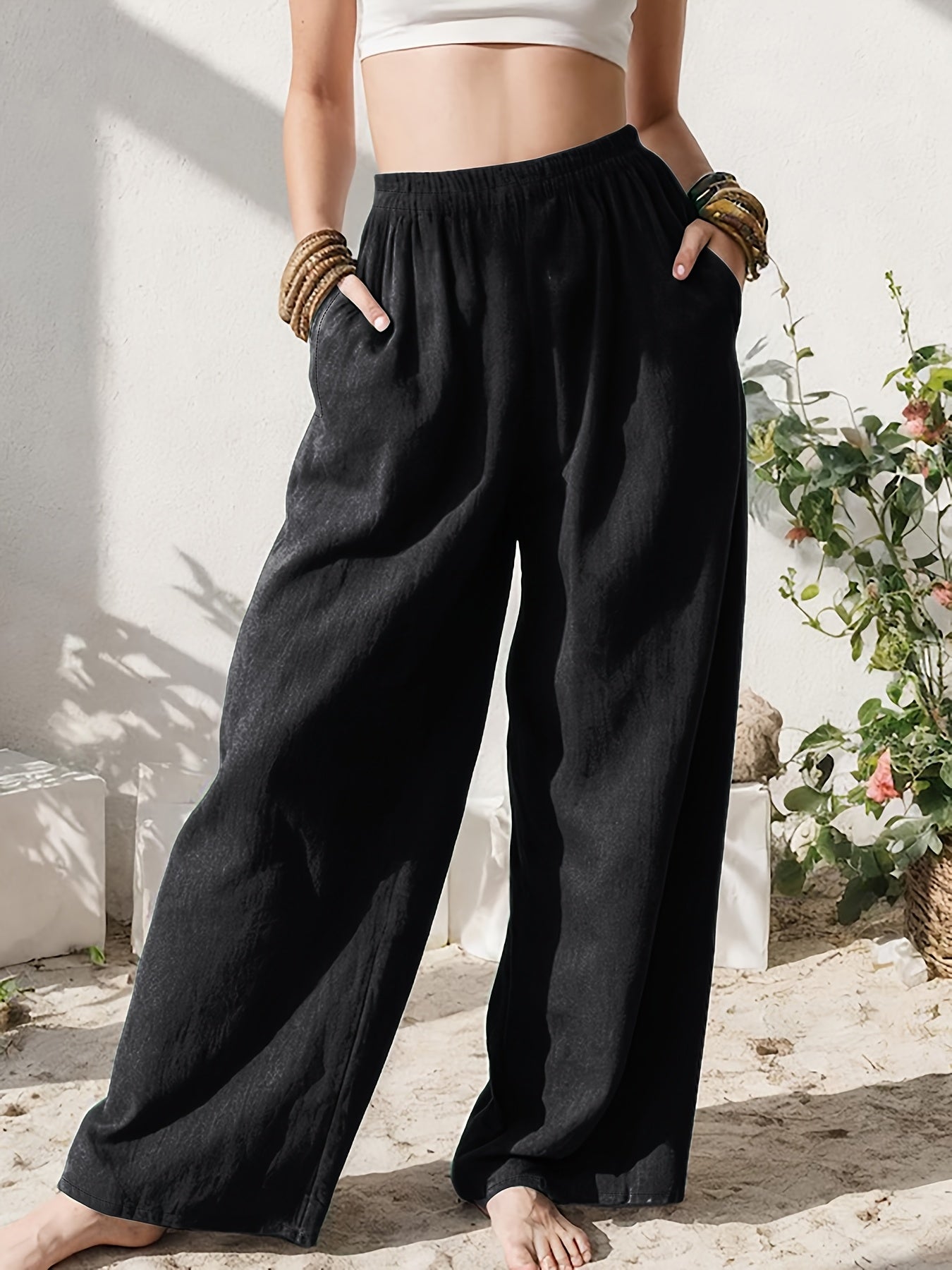 Effortless Linen Wide Leg Pants for Women with High Waist Pocket Flowing Relaxed Casual Style