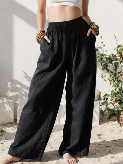 Effortless Linen Wide Leg Pants for Women with High Waist Pocket Flowing Relaxed Casual Style