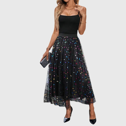 Elegant Black Midi Skirt for Women with High Waist Colorful Sequin Tulle Overlay Asymmetric Hem Going Out Style