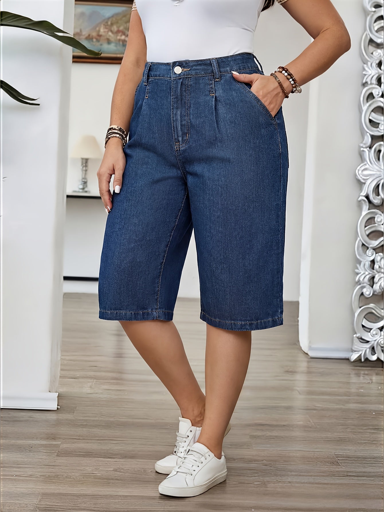 Effortless Blue Denim Bermuda Jean Shorts for Women with High Waist Pleated Wide Leg