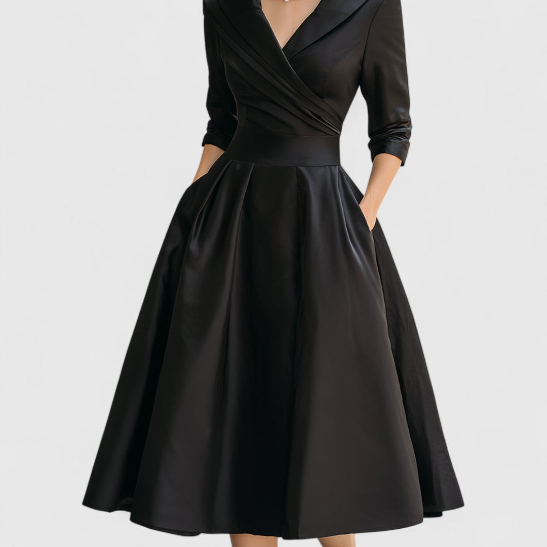 Elegant Satin Midi Dress for Women with Elbow Sleeve Shawl Collar Wrap Bodice Formal Wedding Guest Style