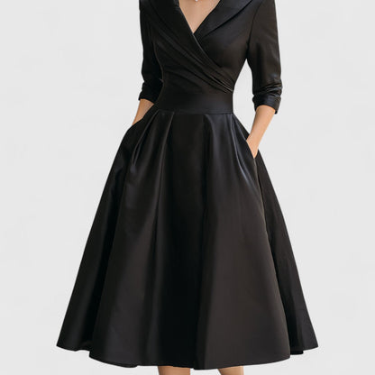 Elegant Satin Midi Dress for Women with Elbow Sleeve Shawl Collar Wrap Bodice Formal Wedding Guest Style