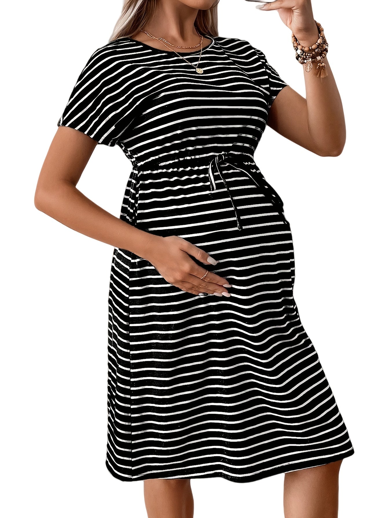 Comfortable Black Striped Maternity Dress for Women with Crew Neck Short Sleeve Drawstring Waist Midi Style