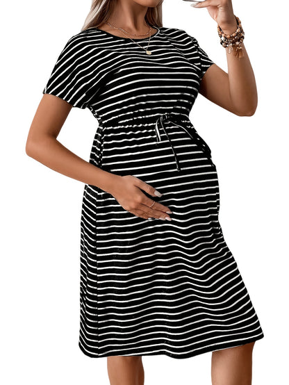 Comfortable Black Striped Maternity Dress for Women with Crew Neck Short Sleeve Drawstring Waist Midi Style