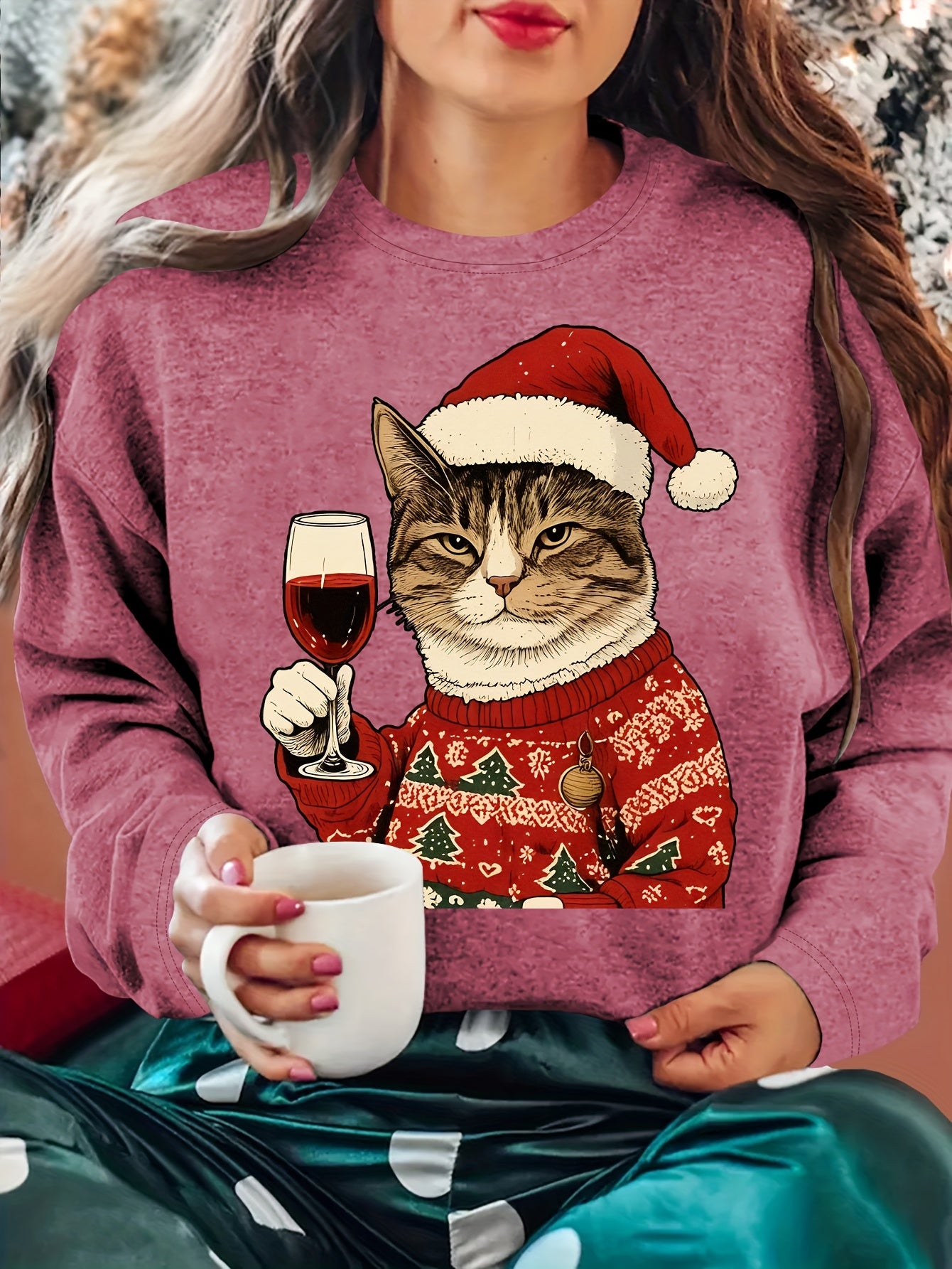 Comfortable Cat Graphic Christmas Tacky Sweater for Women with Crew Neck Long Sleeve Pullover Holiday Style