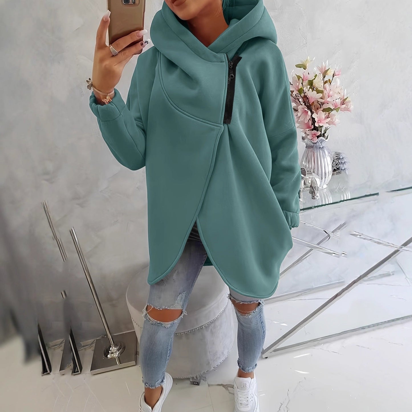 Effortless Fleece Hoodie for Women with Cowl Neck Long Sleeve Asymmetric Tulip Hem Relaxed Style