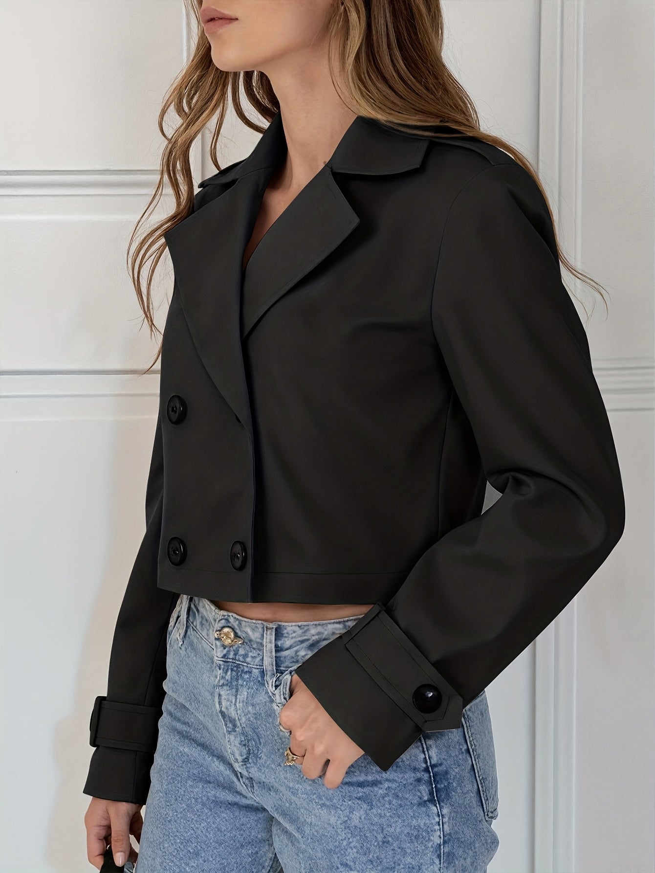 Elegant Brown Cropped Pea Coat for Women with Notched Lapel Long Sleeve Double Breasted Casual Style