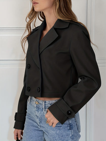 Elegant Brown Cropped Pea Coat for Women with Notched Lapel Long Sleeve Double Breasted Casual Style