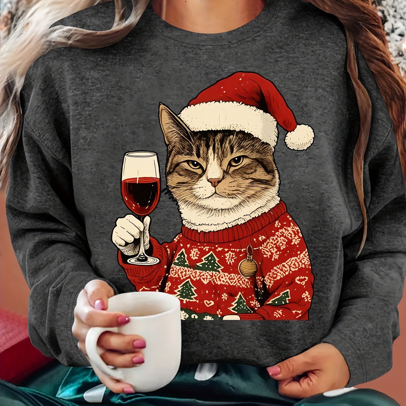 Comfortable Cat Graphic Christmas Tacky Sweater for Women with Crew Neck Long Sleeve Pullover Holiday Style