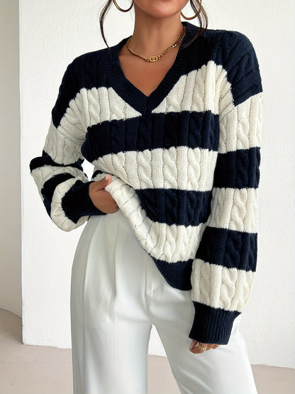 Comfortable Navy Cable Knit Sweater for Women with V Neck Long Sleeve Striped Oversized Relaxed Style