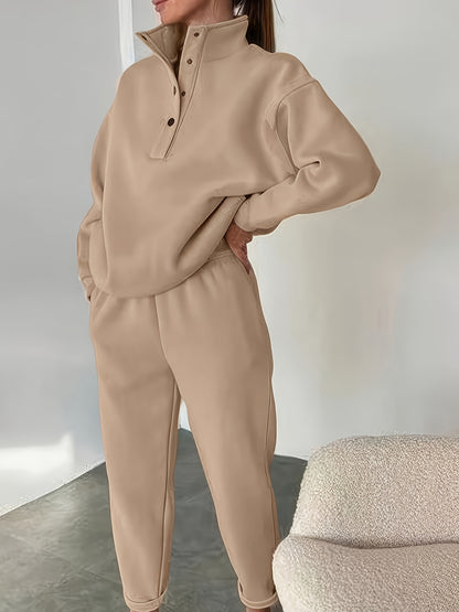 Comfortable Fleece Sweatsuit for Women with Mock Neck Snap Button Long Sleeve Oversized Two Piece Style