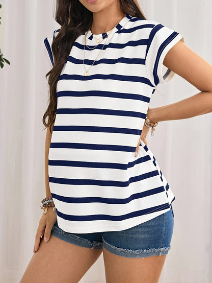 Effortless Striped Maternity Top for Women with Crew Neck Short Sleeve Relaxed Casual Style