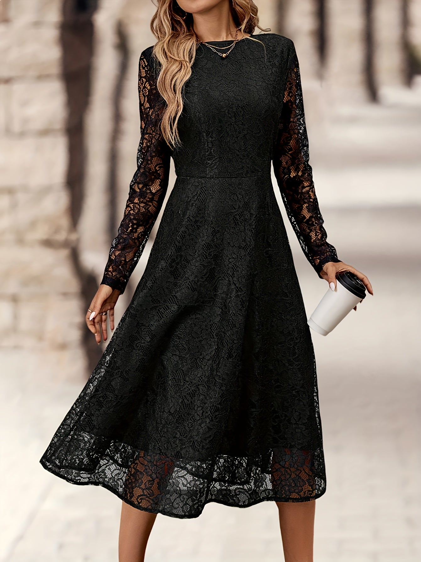 Elegant Black Lace Long Sleeve Wedding Dress for Women with Round Neck Fit And Flare Flowing Style